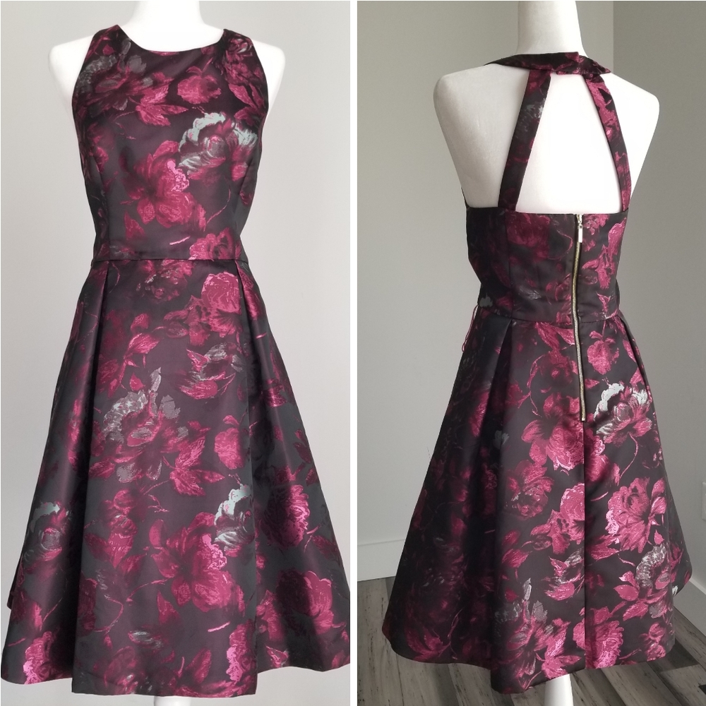 Eliza J. Floral Jacquard burgundy black dress 14